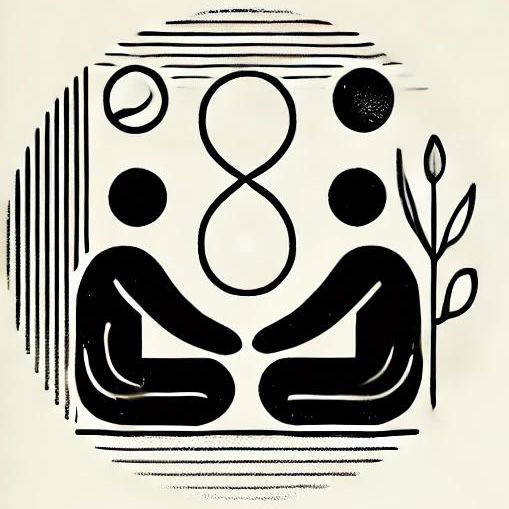 Black symbol with two figures sitting opposite each other under an eternity symbol.