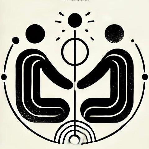 Black symbol with two figures sitting opposite each other with a symbol of a sun in between.