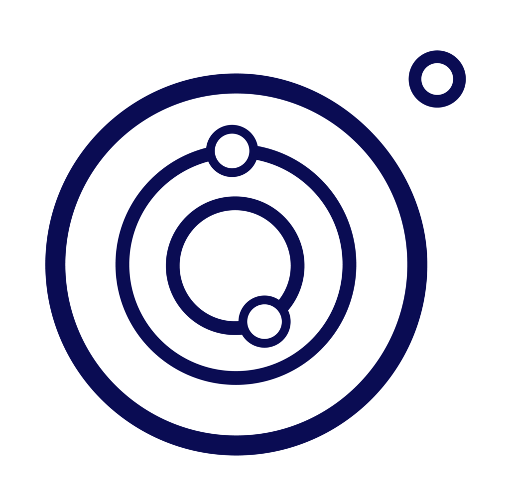 Aiona blue symbol logo. Three circles from large to small. Two small circles inside the symbol and one at the top right outside the symbol.